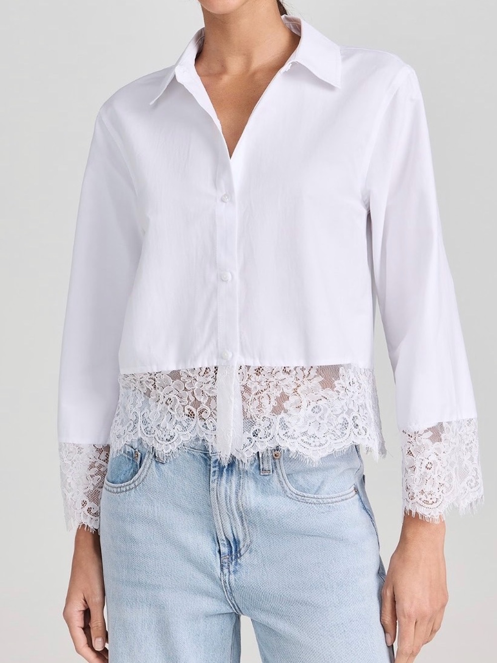 L’AGENCE White Lace Trim Cropped Button Front Blouse Size L